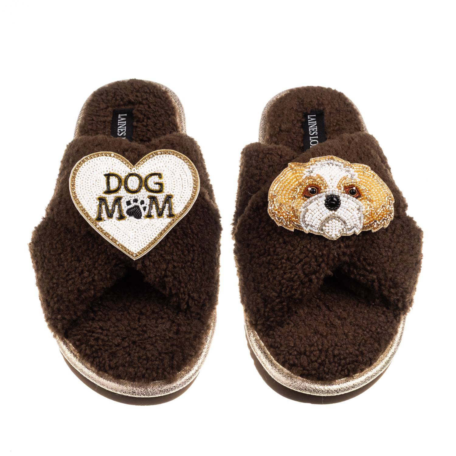 Laines London Women's Brown / Neutrals Boucle Slippers With Dog Mum/mom & Gold & White Shih Tzu Brooches - Chocola In Brown