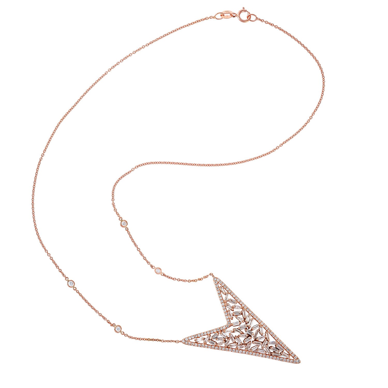 Women’s White / Rose Gold Arrow Head Designer Necklace Solid Rose Gold Diamond Baguette Jewelry Artisan