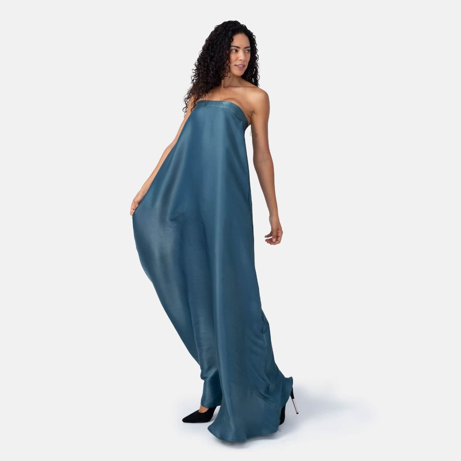 Teal Strapless Trapeze Maxi Dress In Silky Satin - Wedding Guest Style |  Kargede | Wolf & Badger