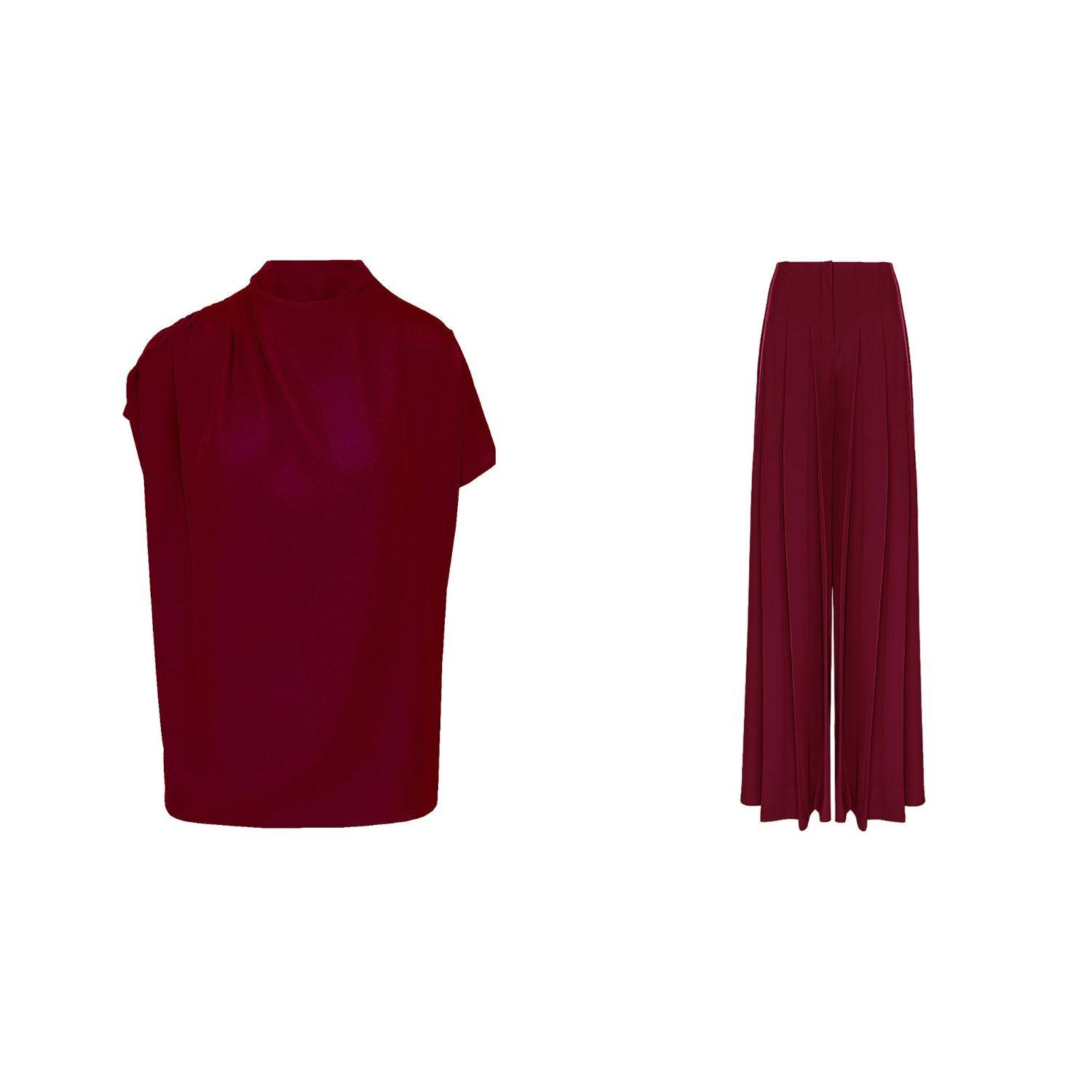 Bluzat Red Burgundy Draped Top And Pleated Pants Set