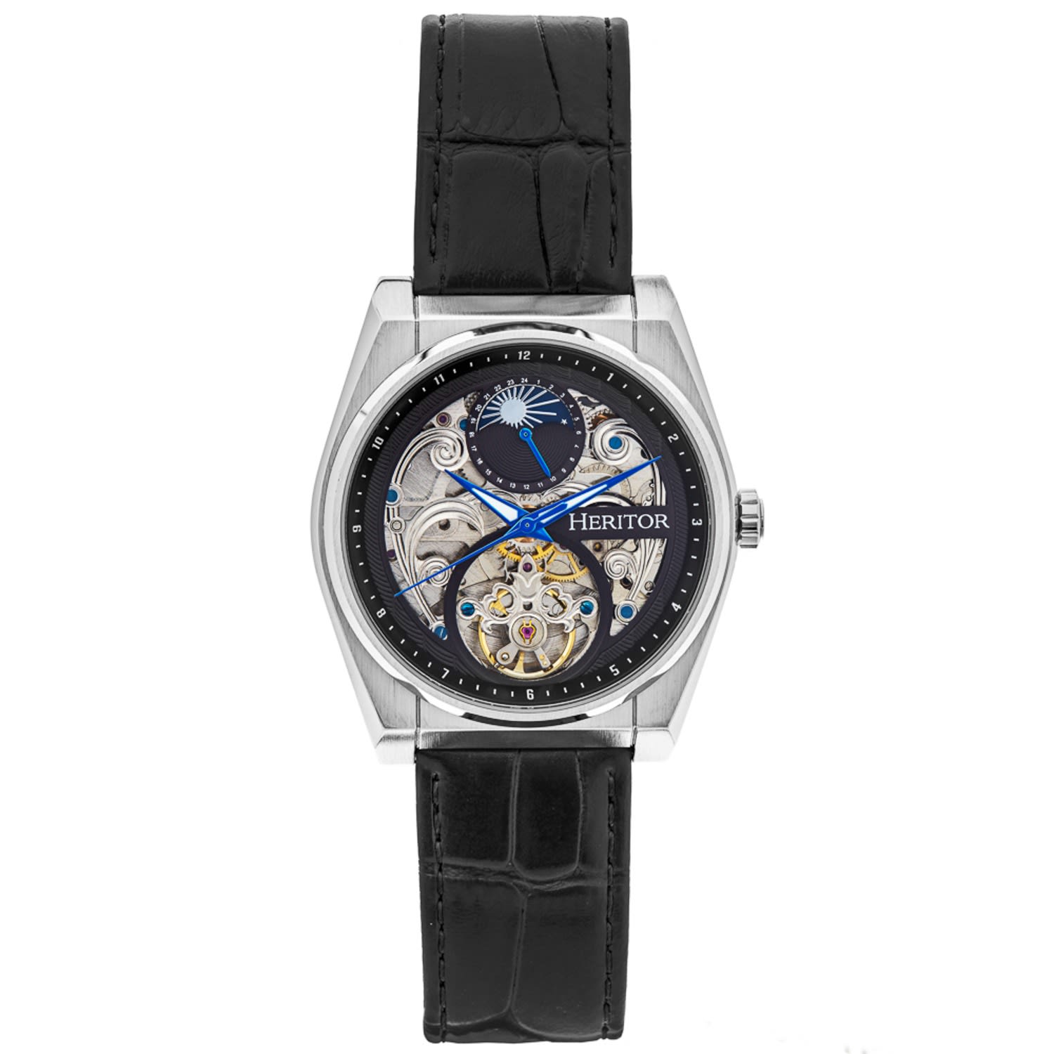 Men’s Black / Silver Daxton Leather-Band Skeleton Watch With Moon Phase - Black, Silver Heritor Automatic