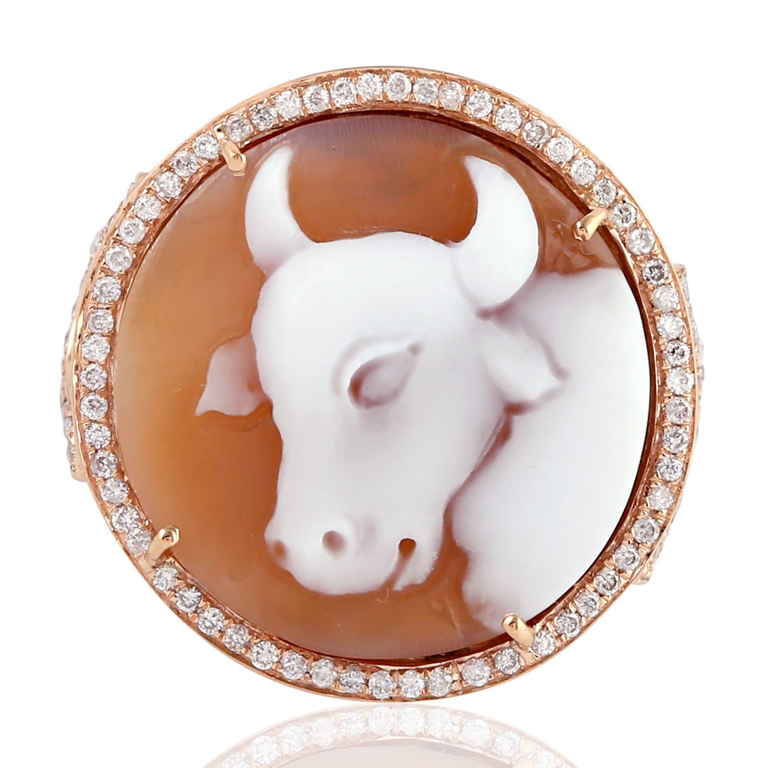 Women’s White / Rose Gold 18K Rose Gold With Shell Cameo & Diamond Handmade Cow Shape Cocktail Ring Artisan