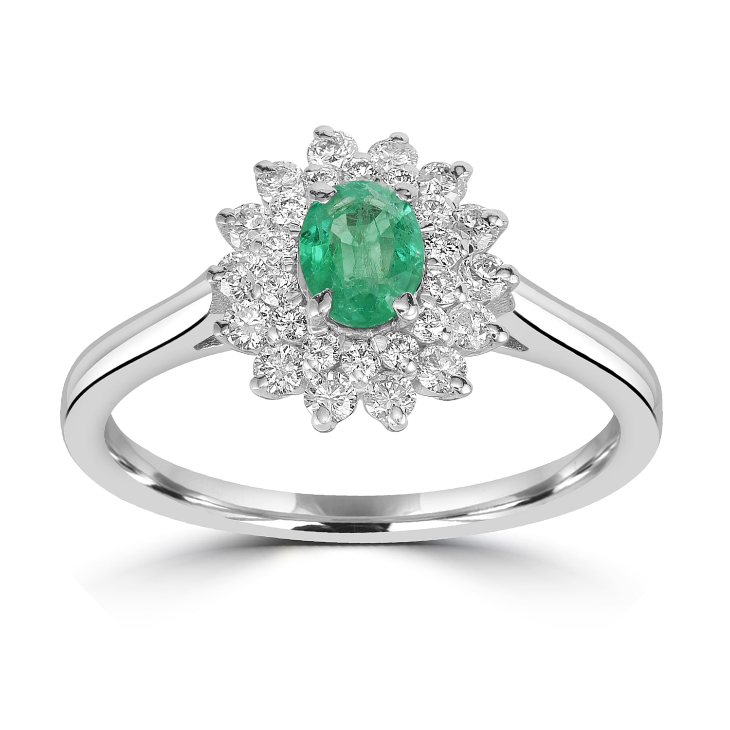 Artisan Women's White / Green 18k White Gold Prong Emerald & Diamond Flower Ring