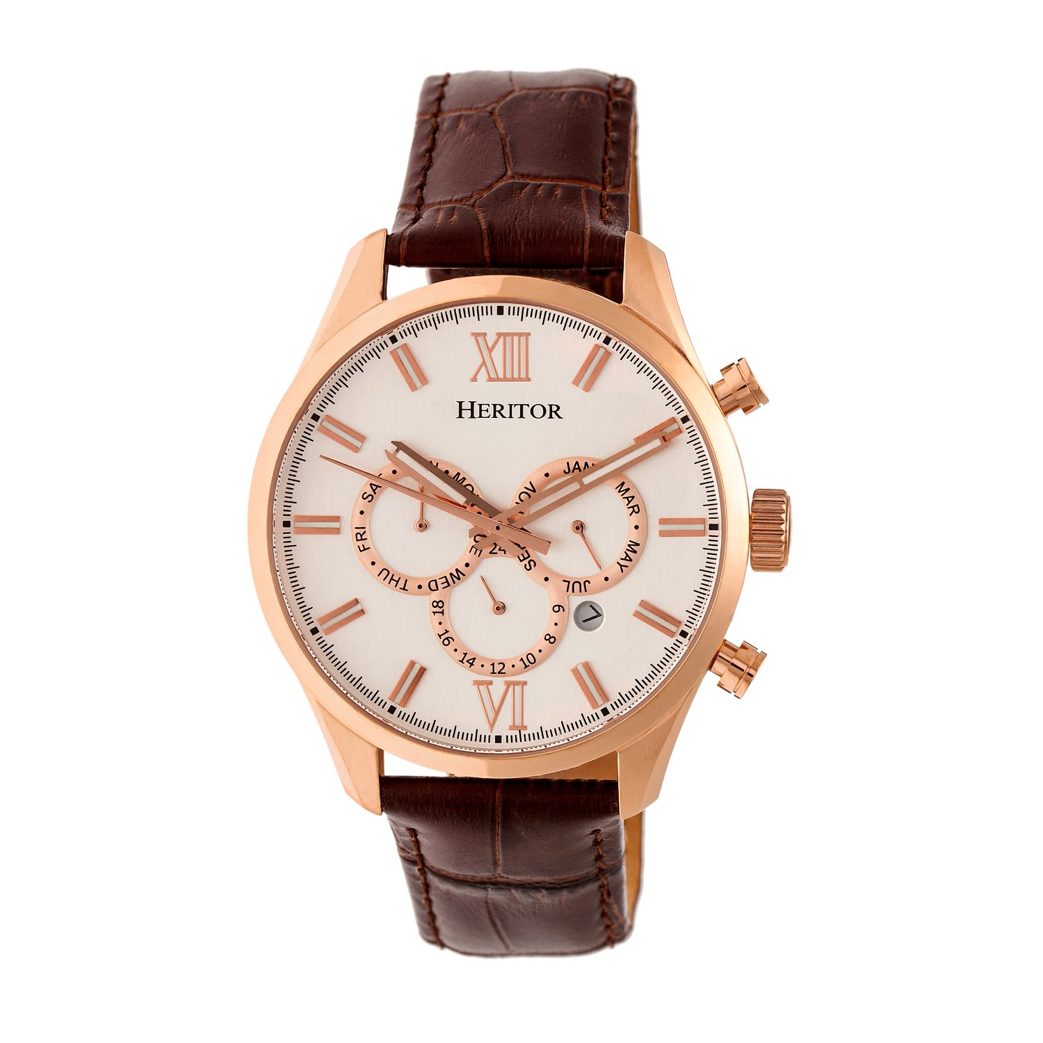 Heritor Automatic Men's Silver / Rose Gold Benedict Leather-band Watch With Day And Date - Rose Gold, Silver In Silver/rose Gold