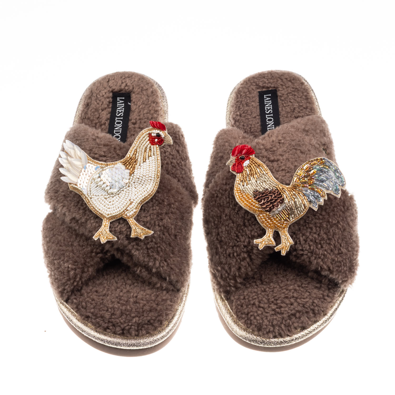 Laines London Women's Brown / Neutrals Laines Neutral Boucle Slippers With Chicken & Cockrel Brooches - Mink In Brown