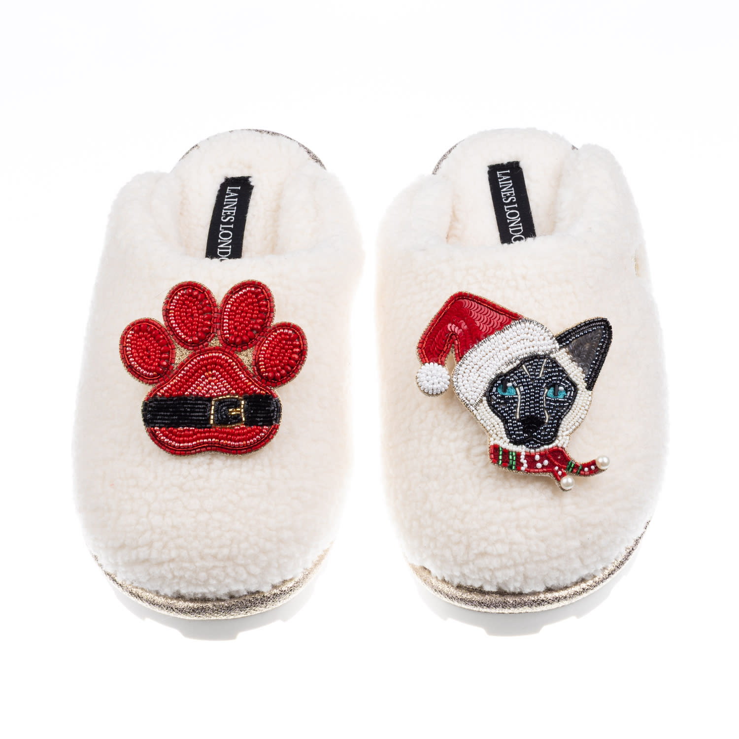 Laines London Women's Neutrals / White Teddy Closed Toe Slipper With Christmas Black & White Siamese Cat & Paw Bro In White