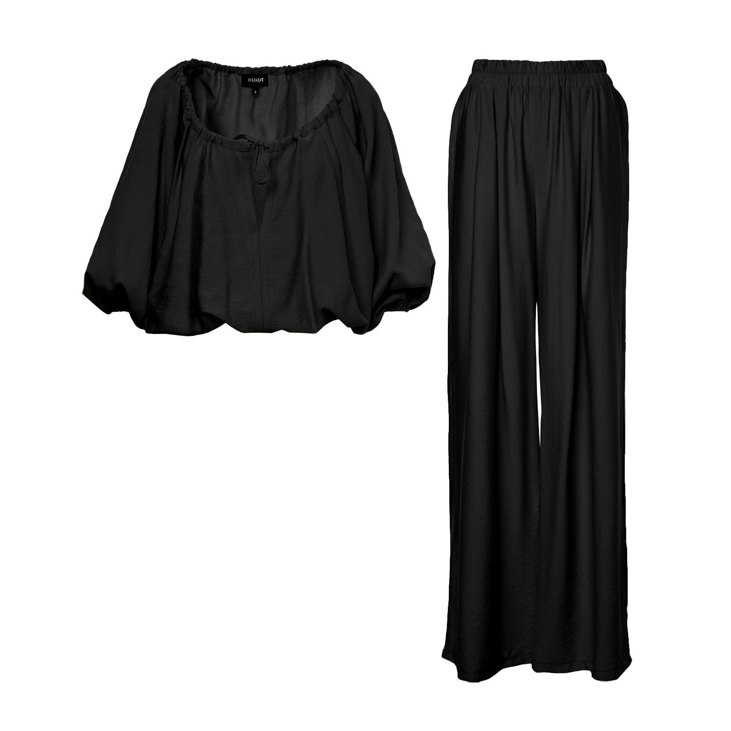 Bluzat Black Linen Matching Set With Flowy Blouse And Wide Leg Trousers In Black