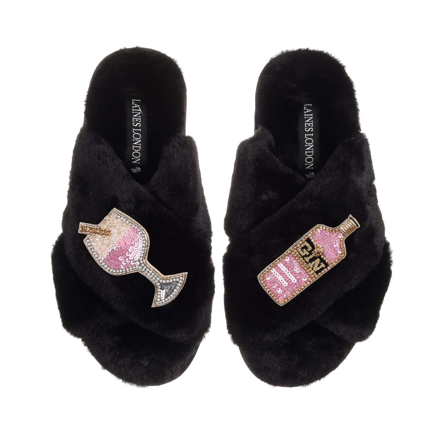 Women’s Classic Laines Slippers With Pink Gin Brooches - Black Small Laines London