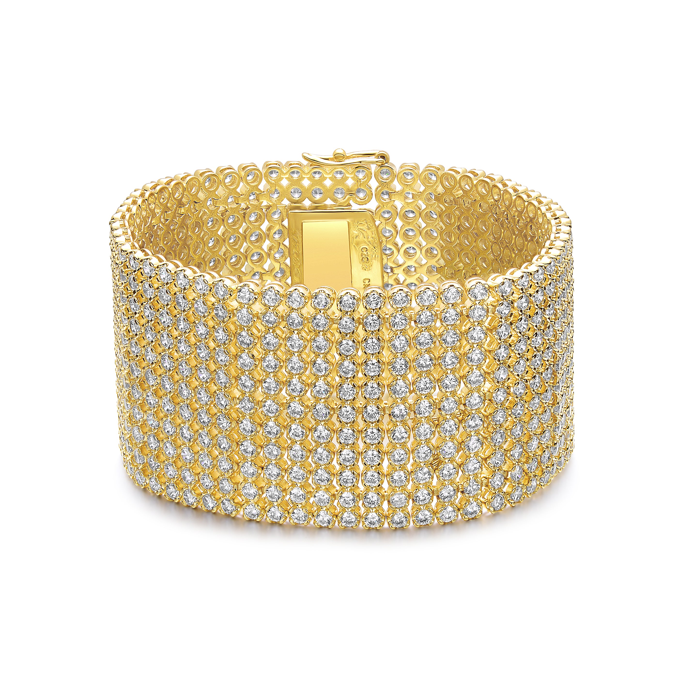 Women’s Gold / White Rachel Glauber Gold Plated Sterling Silver With Cubic Zirconia Lux Mesh Link Bracelet Genevive Jewelry