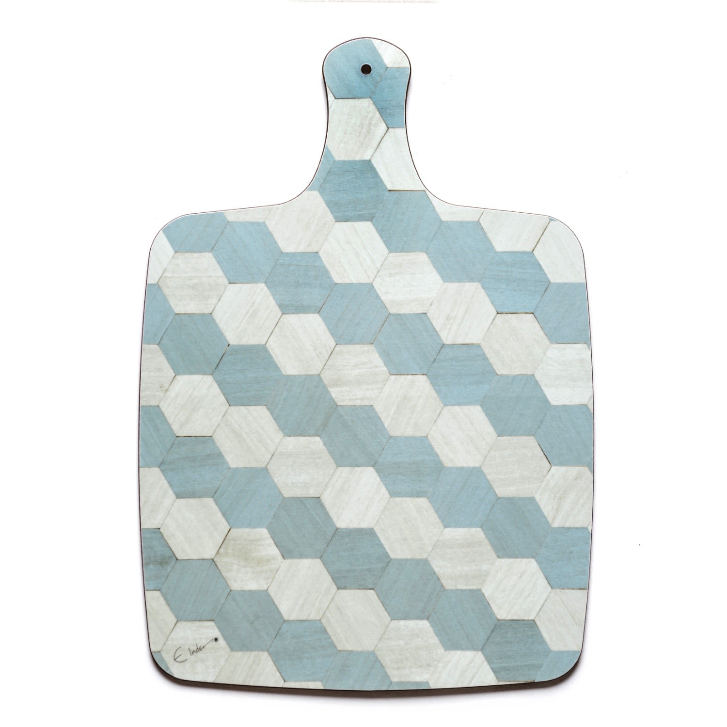 Chopping Board Paddle And Tea Or Coffee Pot Stand In Light Blue And Grey Mid Century Modern Hexagonal Pattern. Serve Antipasti Too. Gift For The Cook. E. Inder Designs