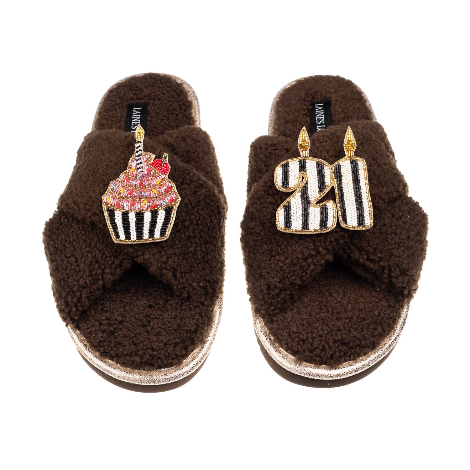 Laines London Women's Brown / Neutrals Laines Neutral Boucle Slippers With Stripe 21st Birthday & Cake Brooches - 