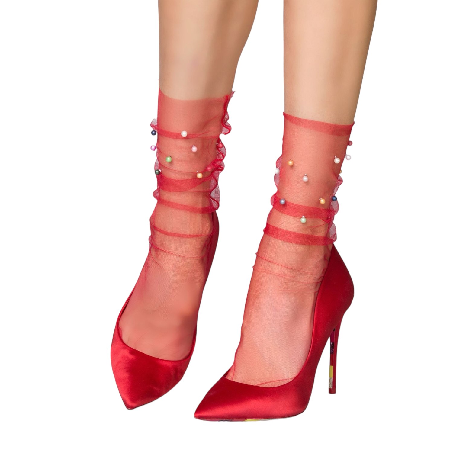 Women’s Red Pastel Pearl Sock - One Size High Heel Jungle by Kathryn Eisman