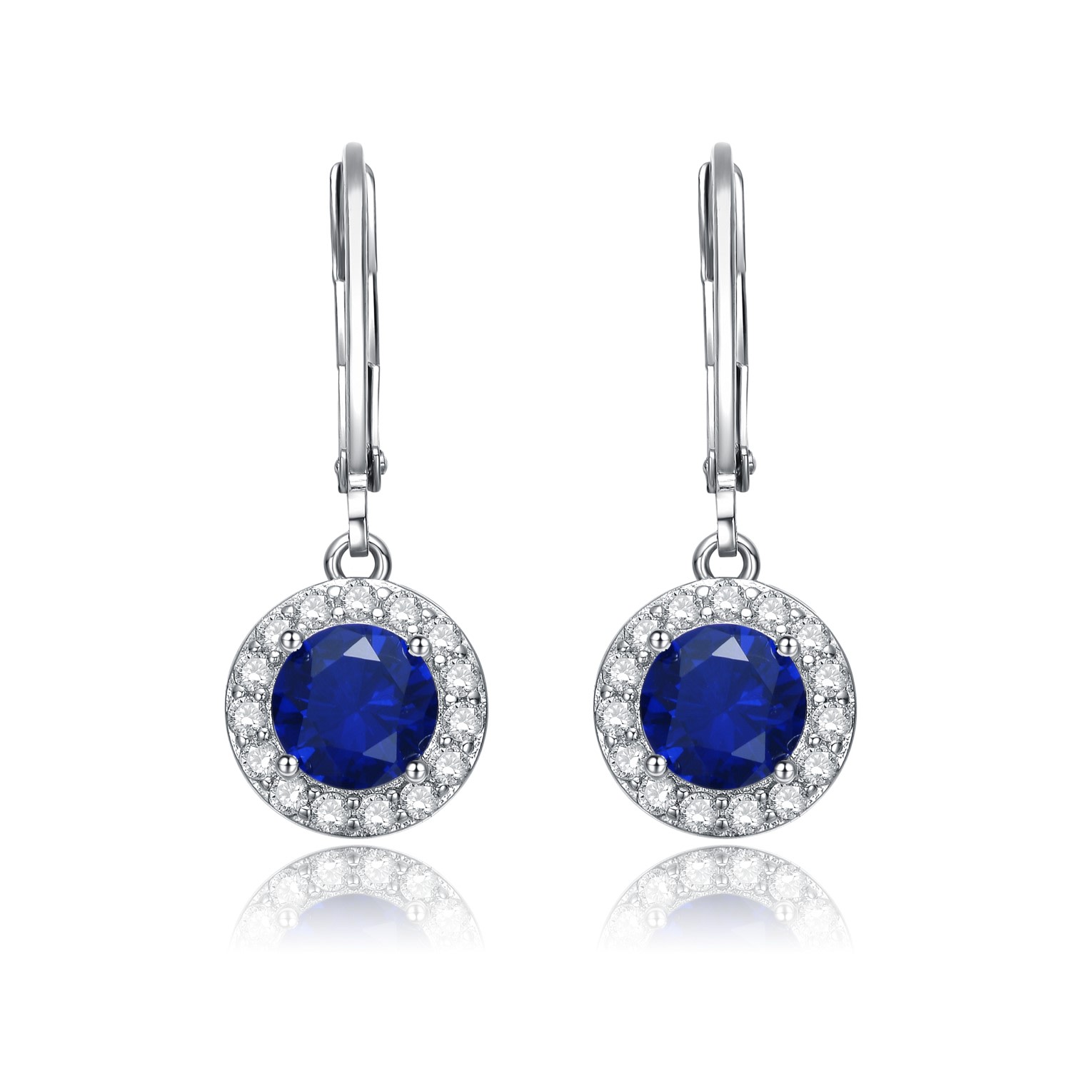 Genevive Jewelry Women's Blue / White White Gold Plated Sapphire Cubic Zirconia Halo Drop Dangle Earrings In Multi