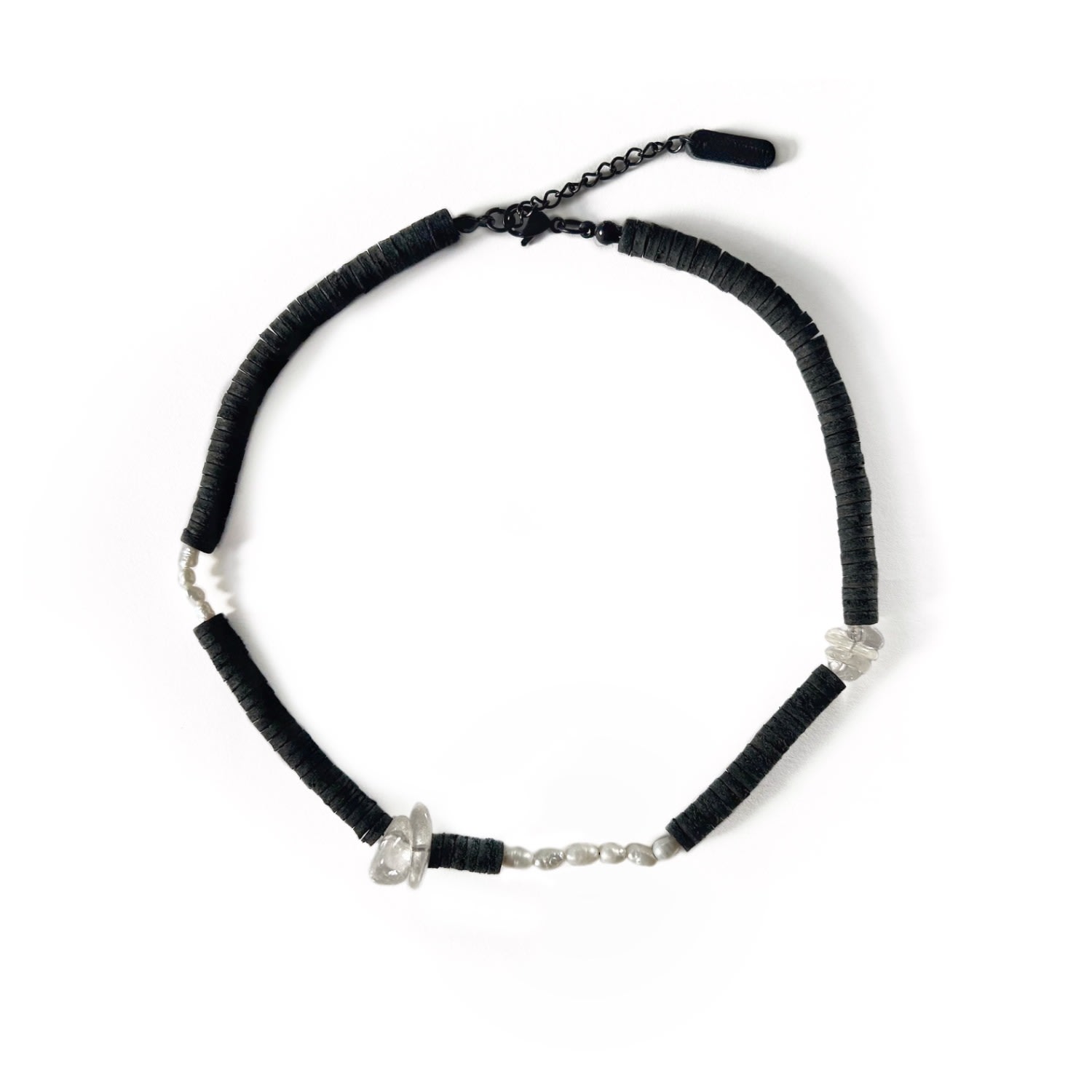 Waiwai Women's Black Leather Necklace With Pearls And Clear Quartz Crystals