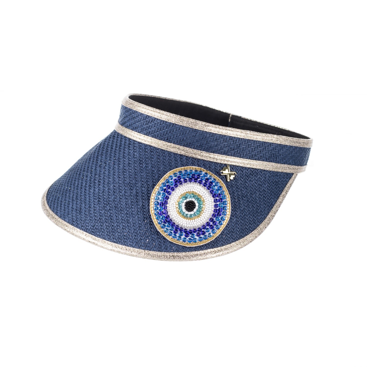 Women’s Blue Straw Woven Visor With Embellished Couture Evil Eye Brooch - Navy One Size Laines London