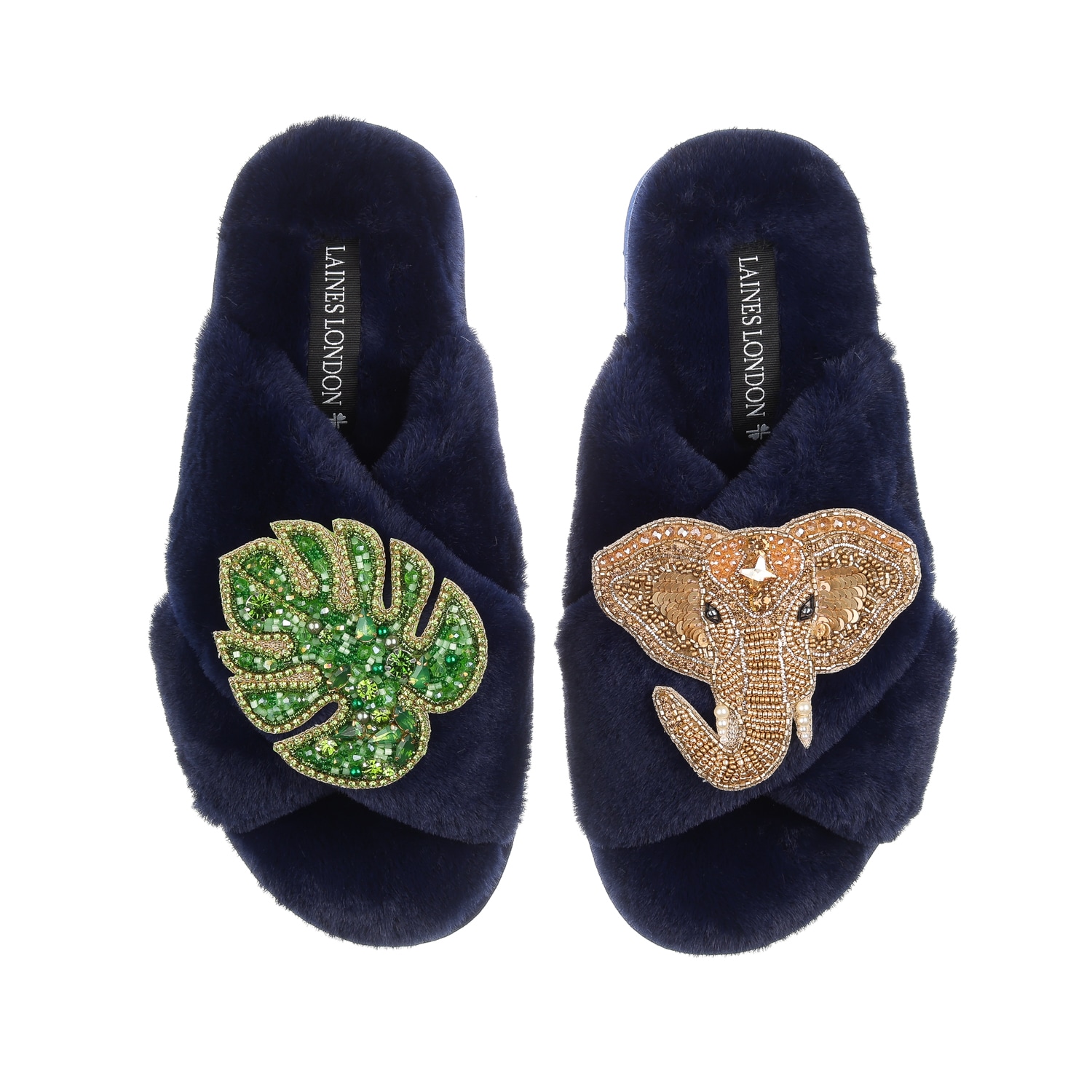 Women’s Blue Classic Laines Slippers With Palm Leaf & Gold Elephant Brooches - Navy Large Laines London