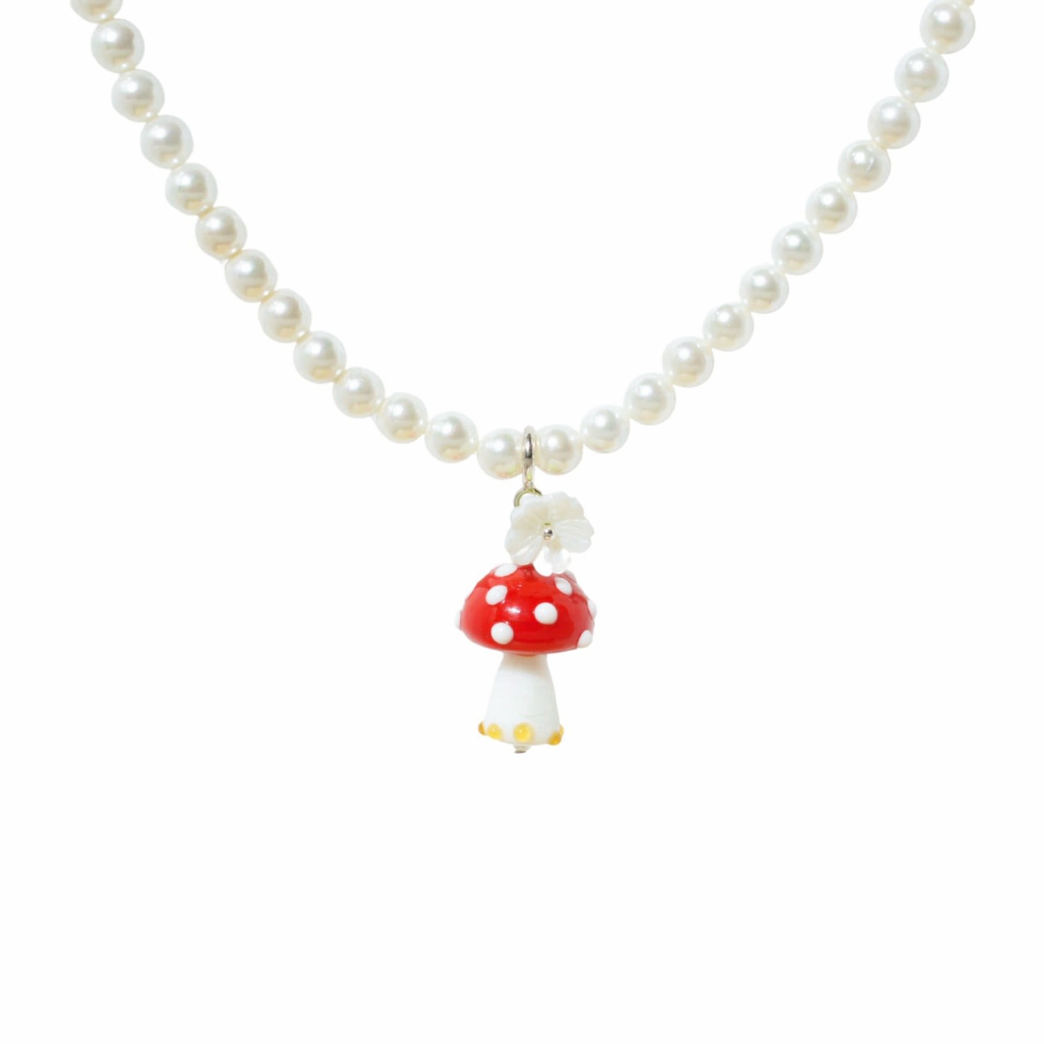 I'mmany London Women's Red Into The Woods Pearl Necklace With Detachable Glass Mushroom Charm