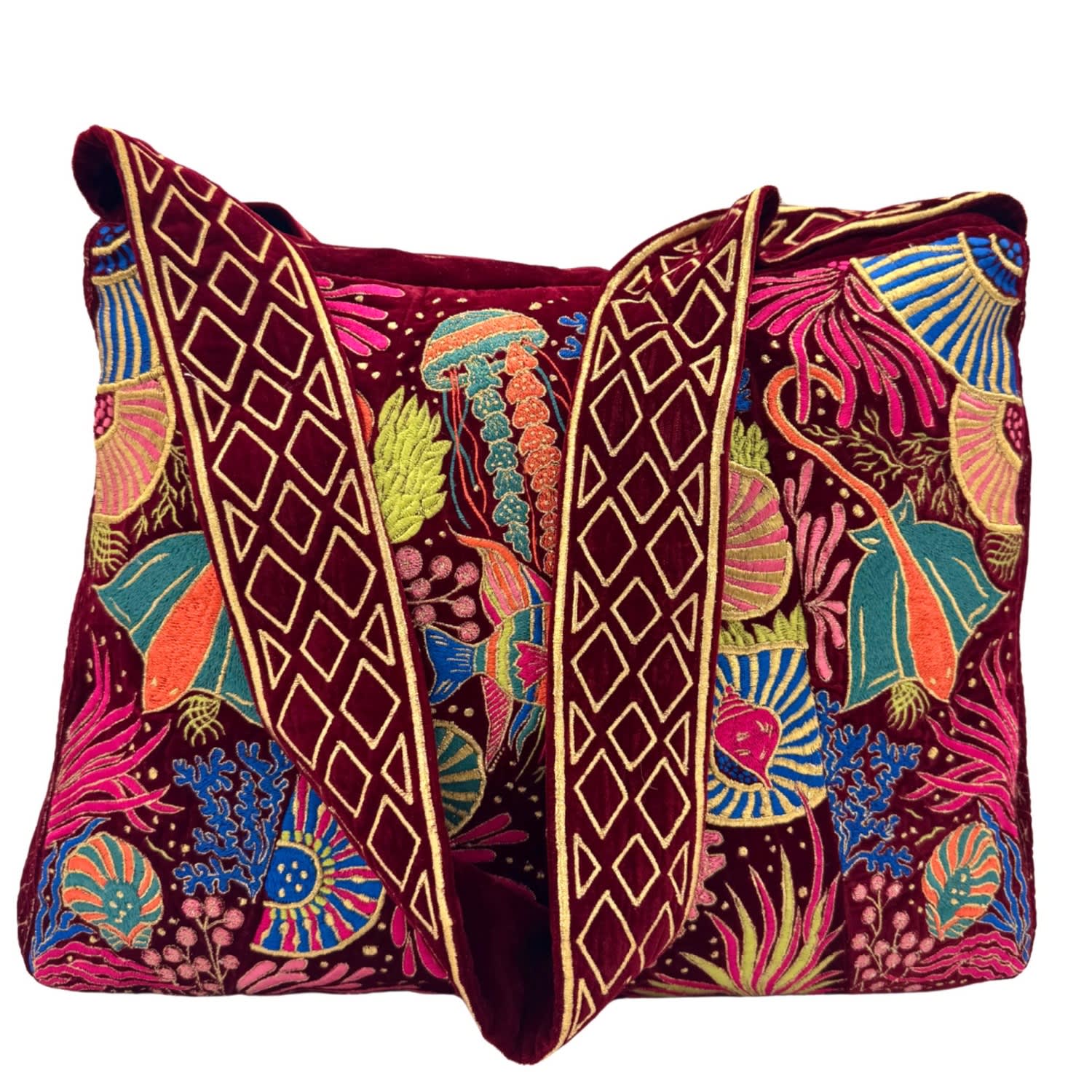 Aeka Boho Woman Women's The Azores Luxe Tote - Deep Maroon - Oversized Velvet Embroidered Tote Bag In Red