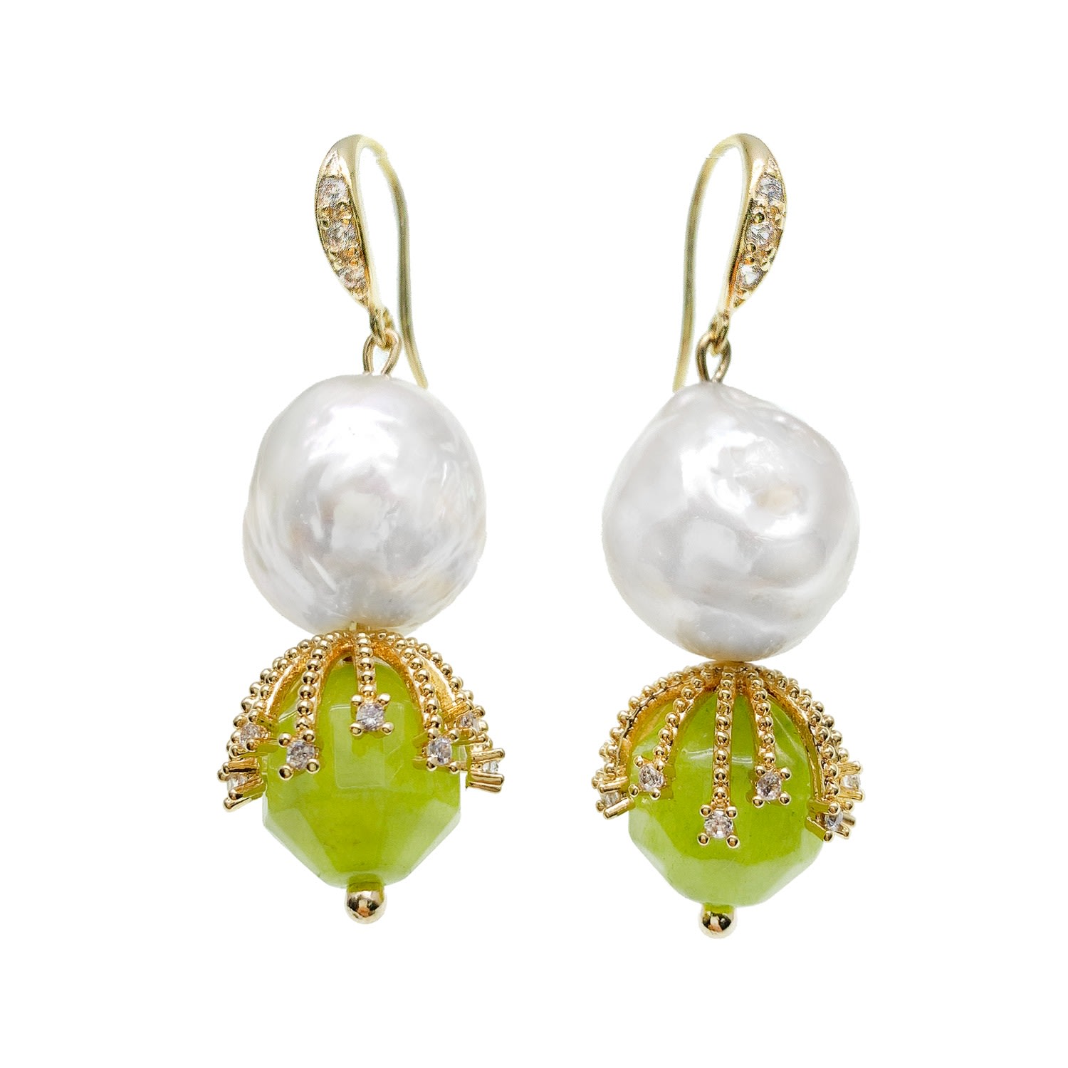 Women’s White / Green Irregular Freshwater Pearls With Grass Green Jade Dangle Earrings Farra