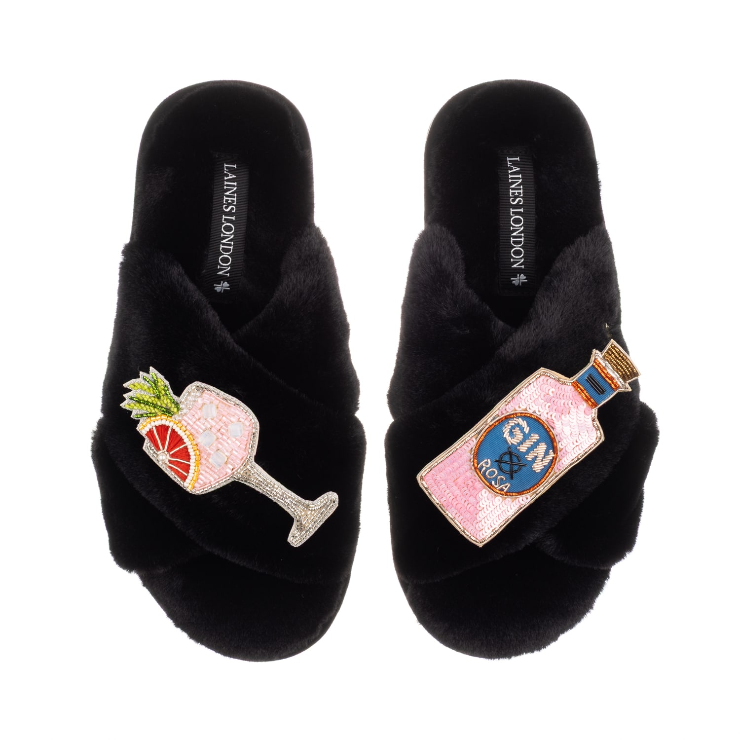Laines London Women's Classic Laines Slippers With Sicilian Pink & Grapefruit Gin Brooches - Black In Black