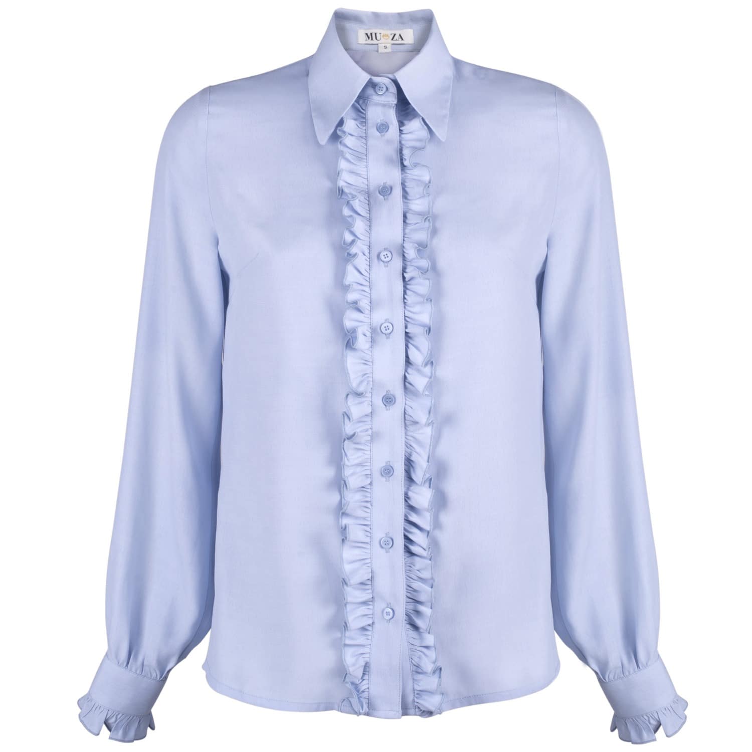 Blue Ruffle Button Down Shirt | MUZA 