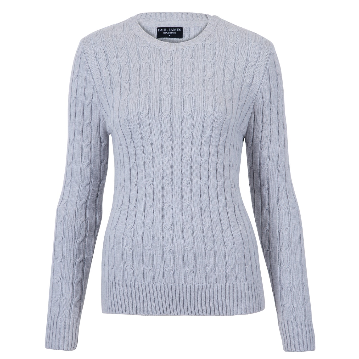 Womens Cotton Crew Neck Taylor Cable Jumper - Light Grey Small Paul James Knitwear