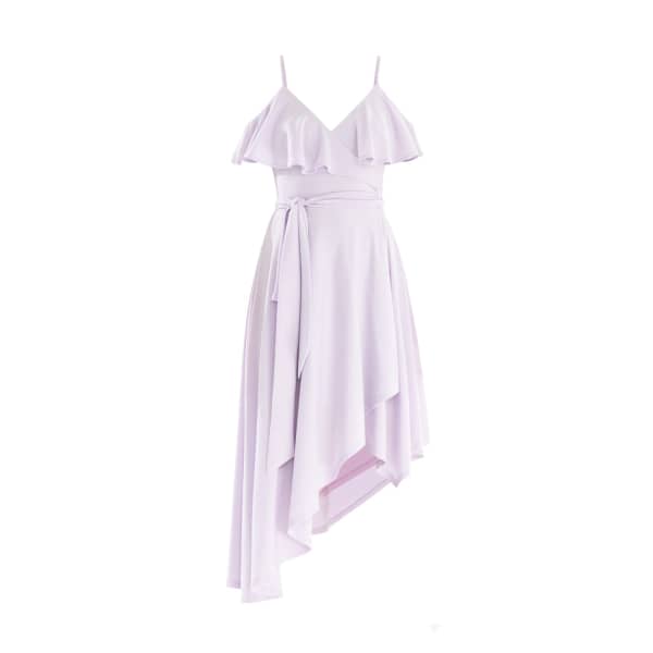 PAISIE Cold Shoulder Wrap Front Dress With Frills & Asymmetric Hem In Lilac