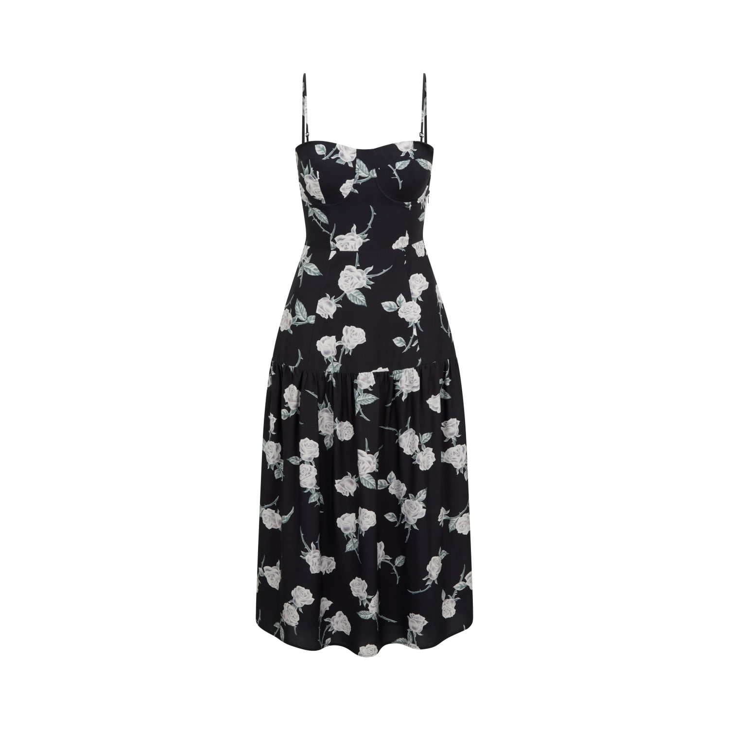 Women's Juliette Roses Print Midi Dress In Coal Black | Large | Me Esse