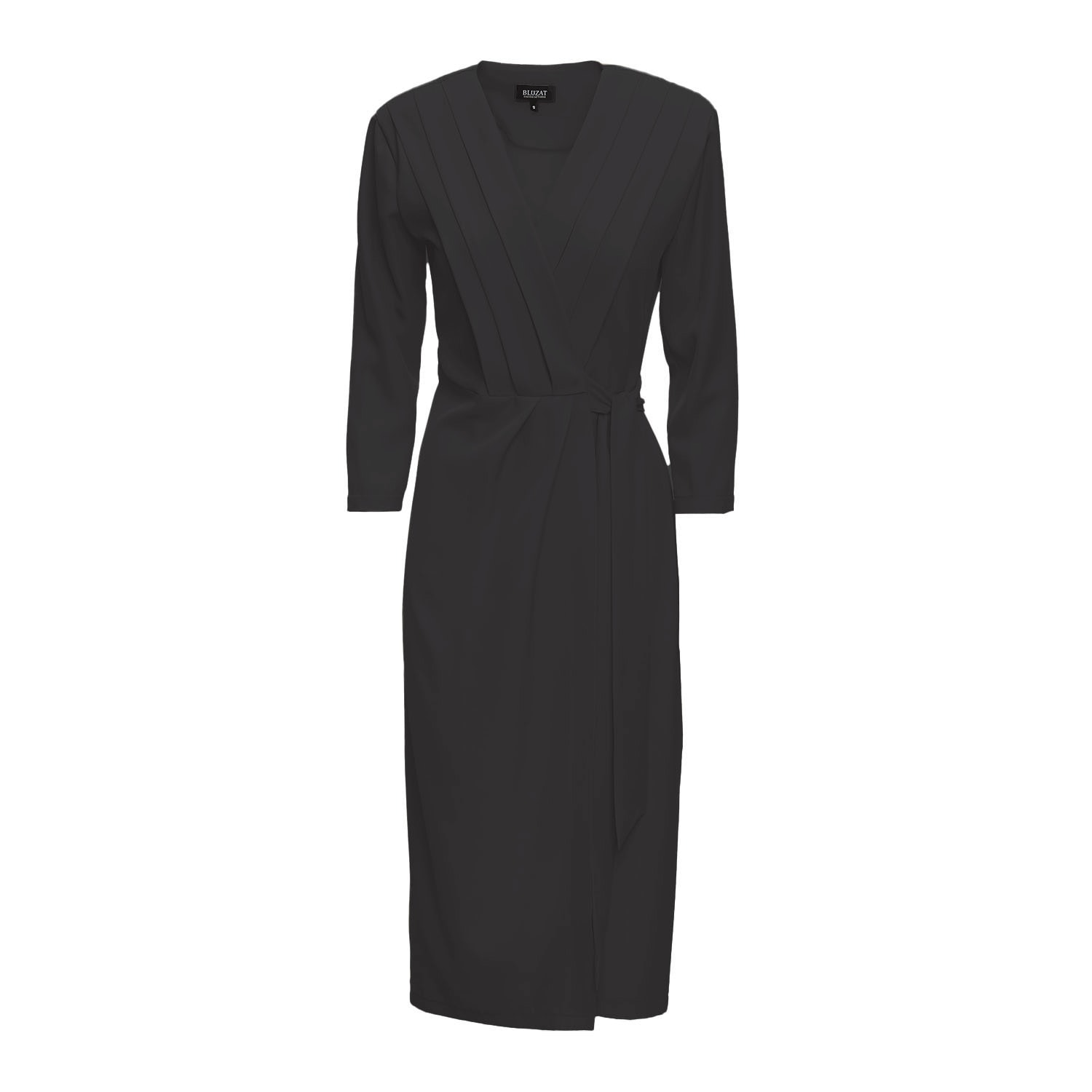 Bluzat Women's Black Midi Dress With Pleats And Belt