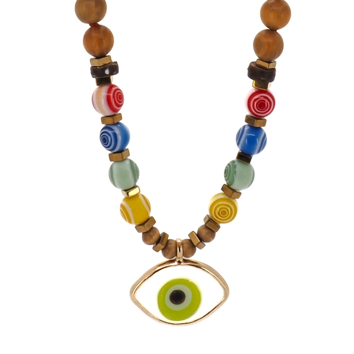 Women’s White / Green Green Evil Eye Pendant Colorful Beaded Good Vibes Necklace - Green Ebru Jewelry