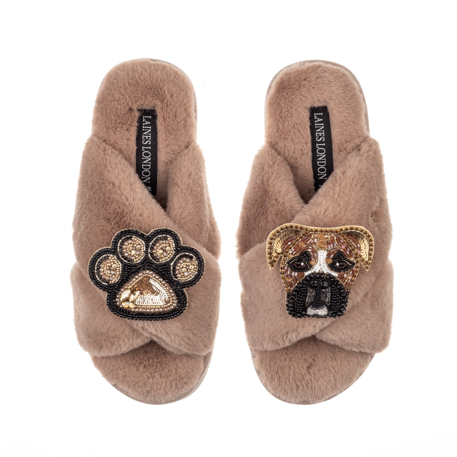Laines London Women's Brown Classic Laines Slippers With Pip The Boxer & Paw Brooches - Toffee In Brown