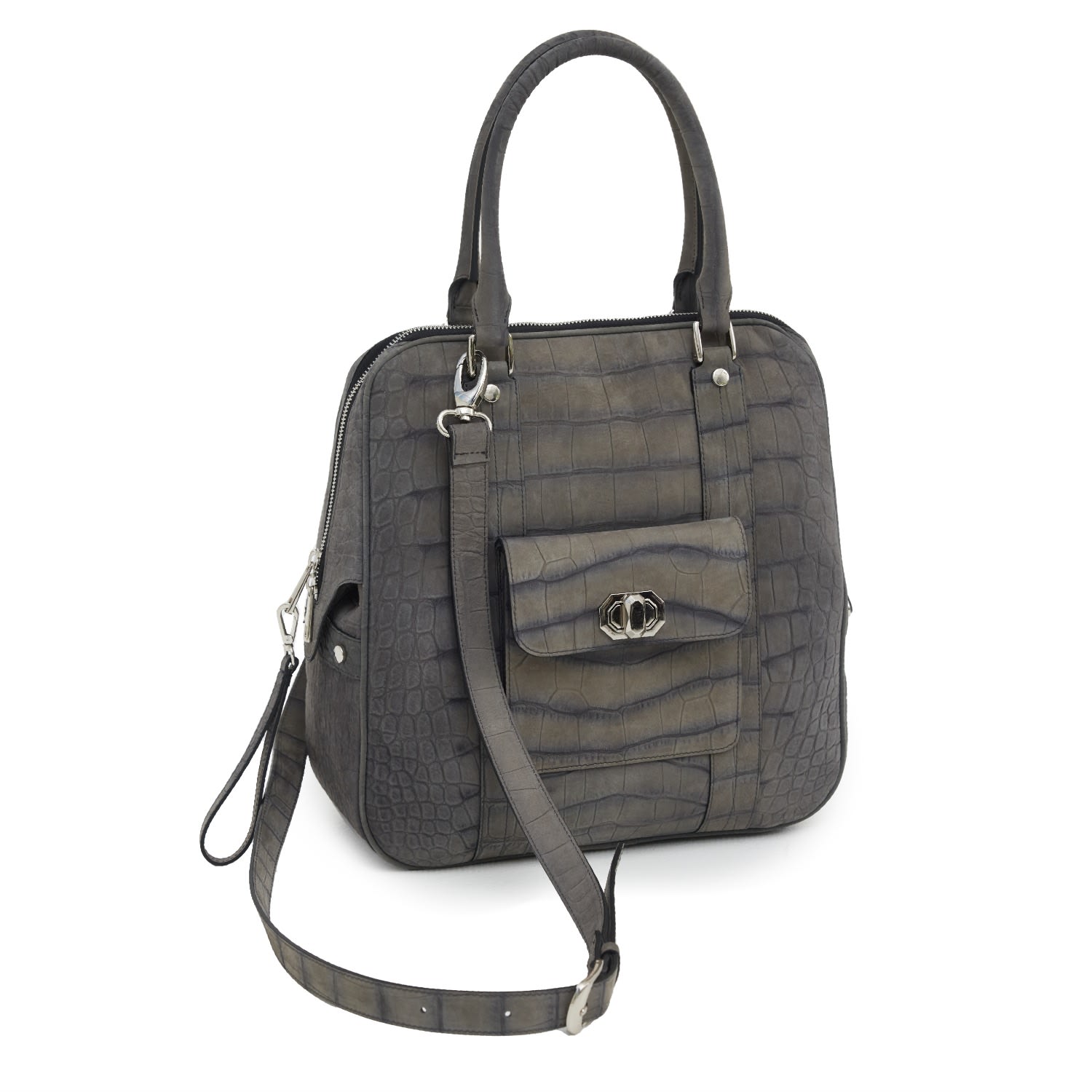 Women’s Croco Texture Leather Tote Handbag Grey Medium One Size Julia Allert