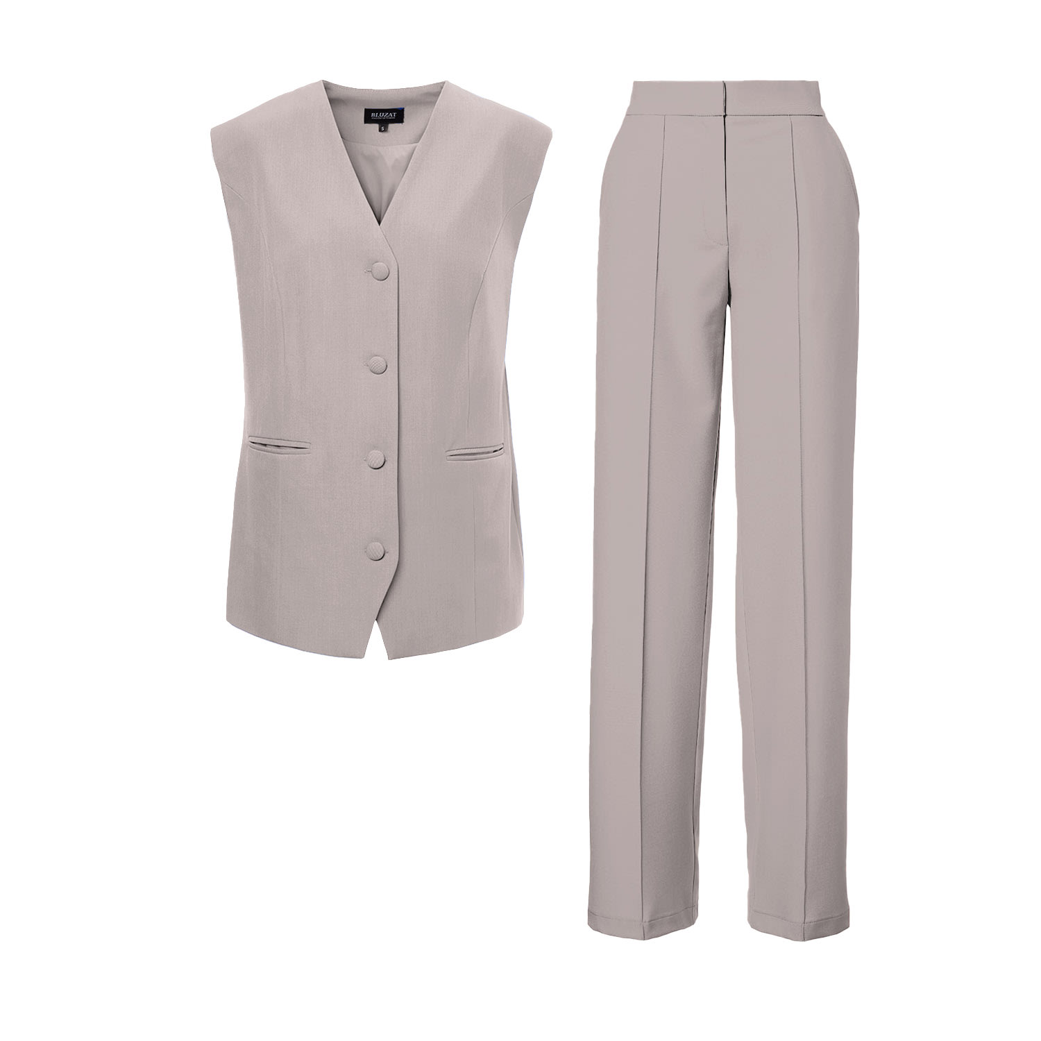 Bluzat Women's Grey Beige Suit With Oversized Vest And Stripe Detail Trousers In Grey