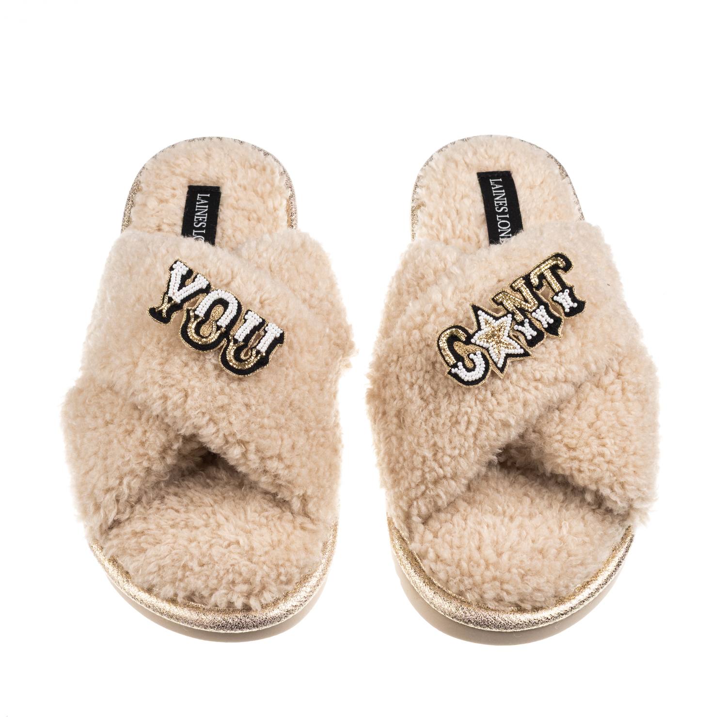 Laines London Women's Brown / Neutrals Laines Neutral Boucle Slippers With You Cunt Brooches - Oatmeal In Brown