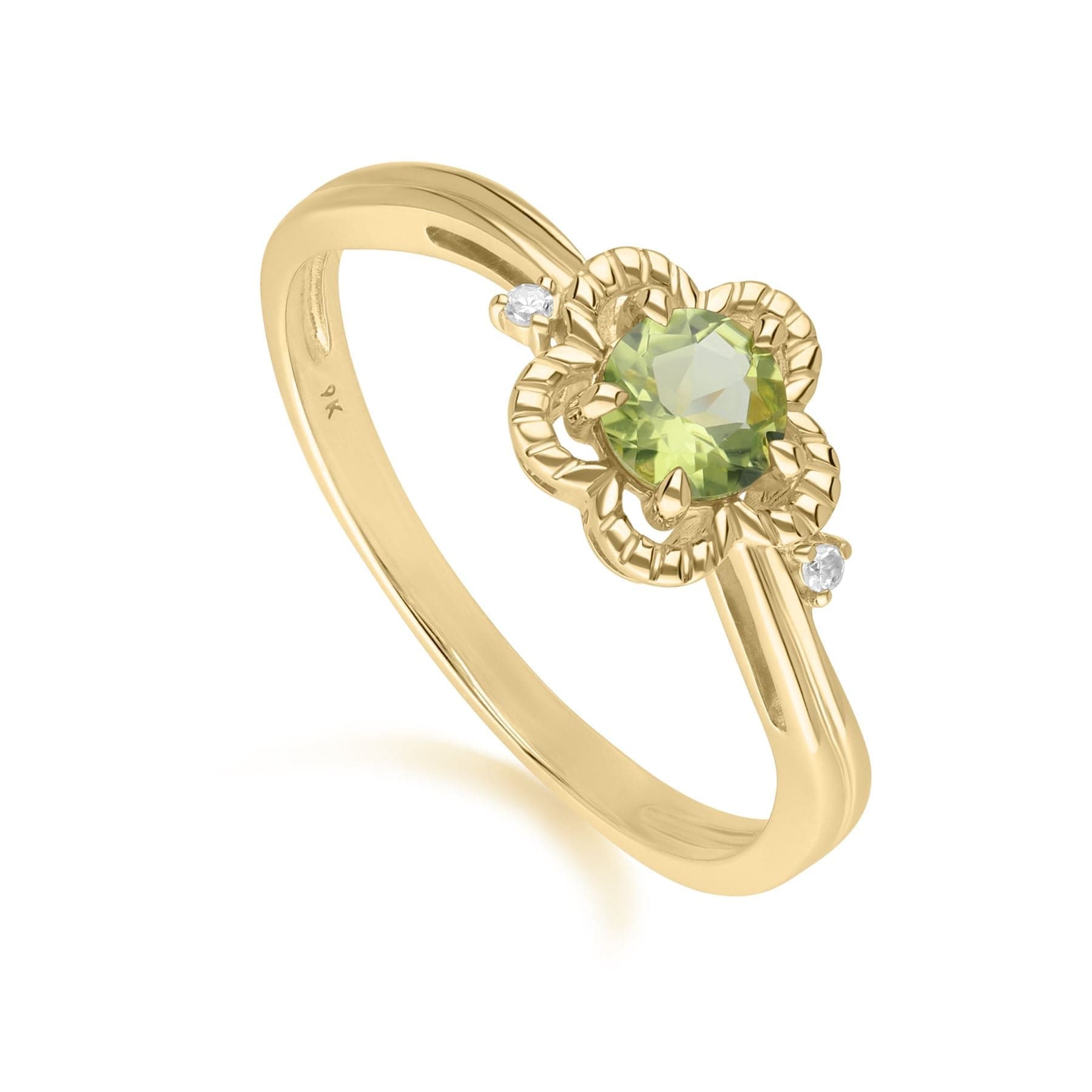 Women’s Green Floral Round Peridot & Diamond Ring In Yellow Gold Gemondo