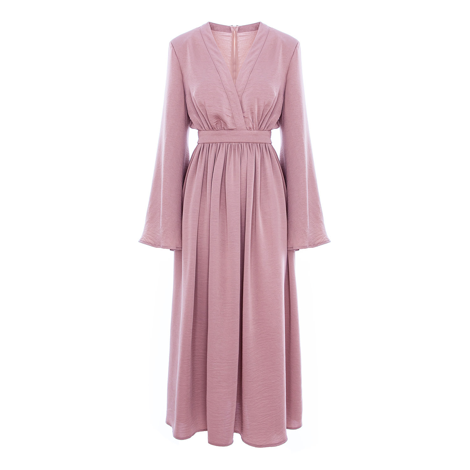 Bluzat Women's Pink / Purple Powder Pink Midi Dress With Flared Sleeves