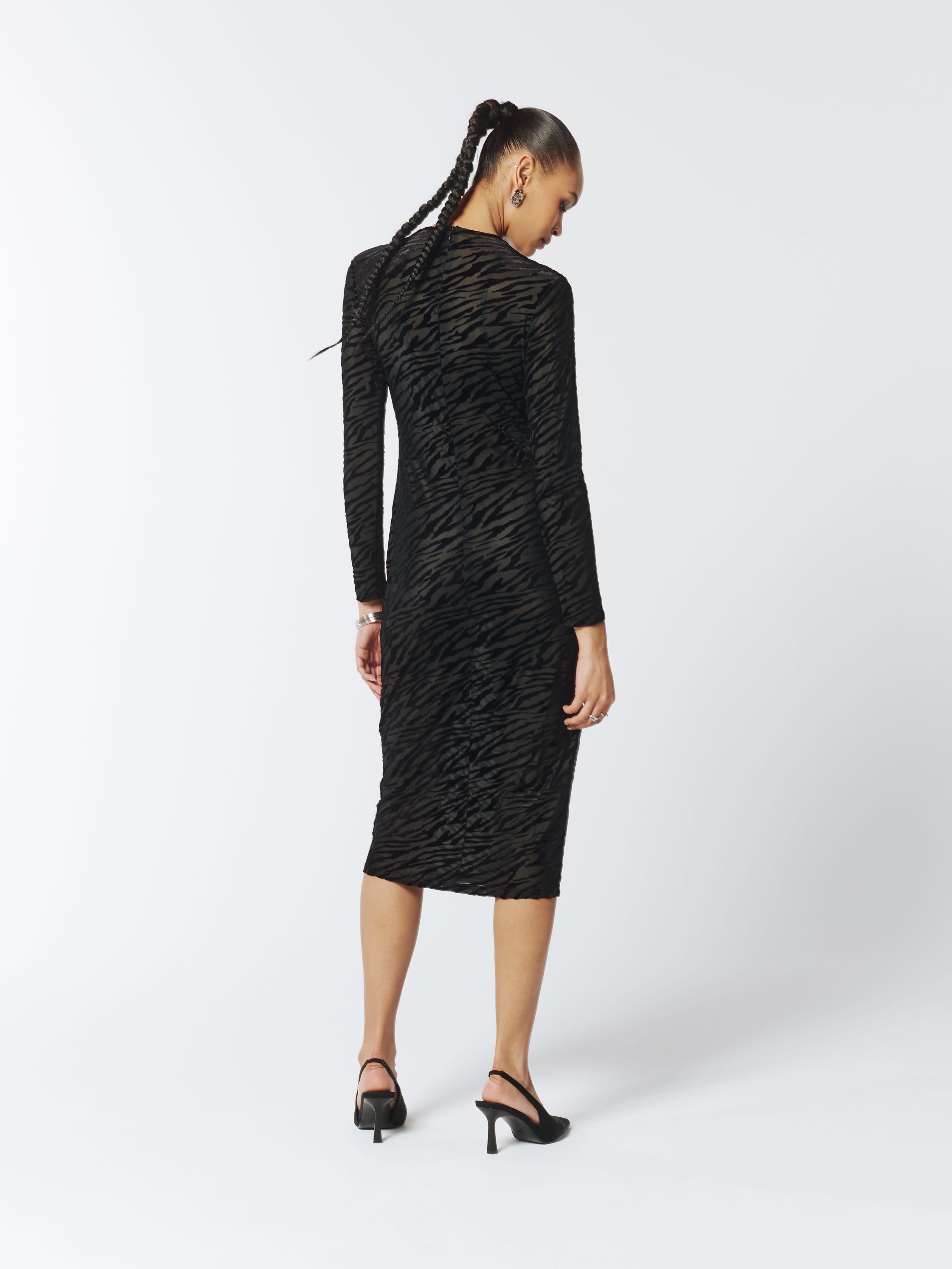 Zebra Pattern Velvet & Mesh Midi Dress In Black | SOUR FIGS