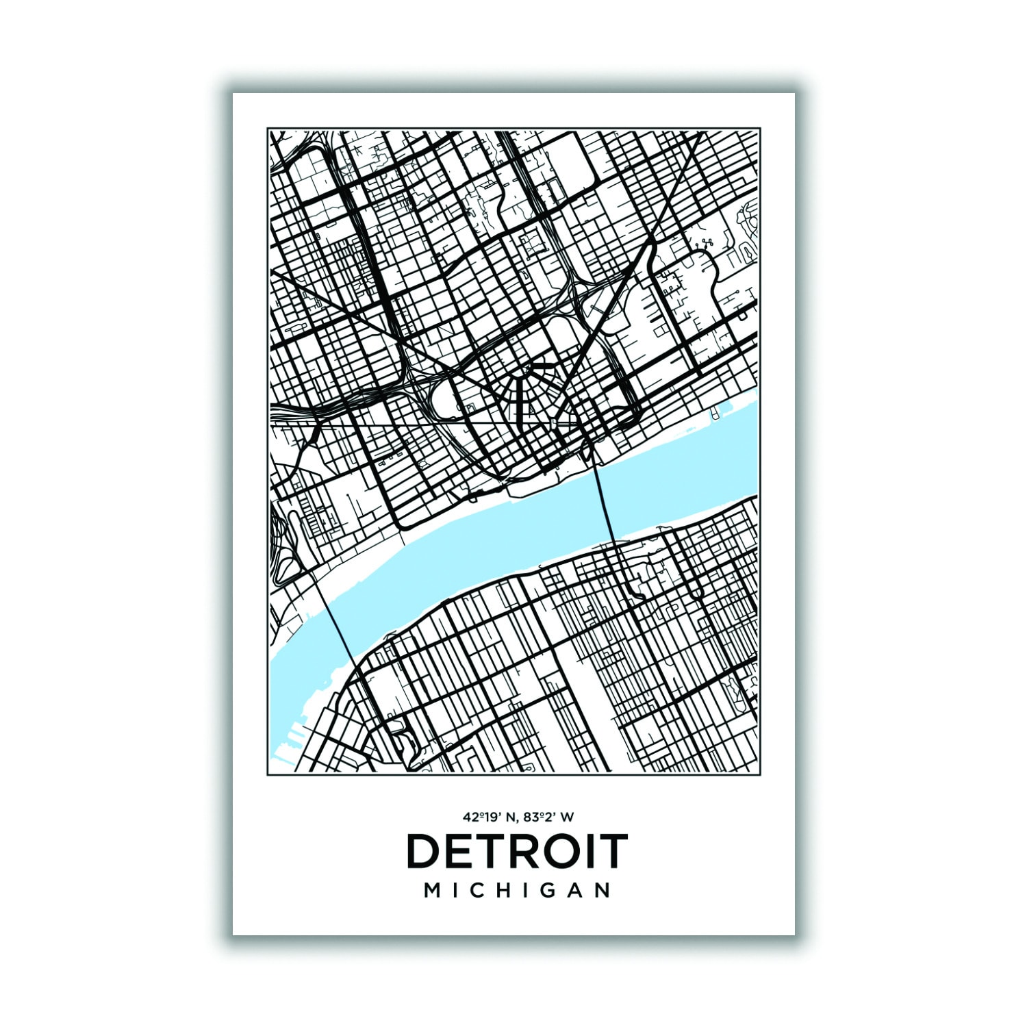 Blue Map Of Detroit Michigan A3 297 X 420Mm Stanley Print House