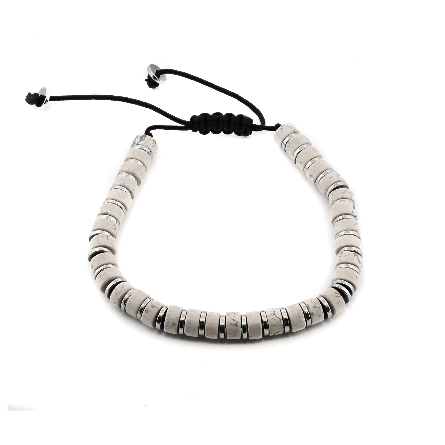 Ebru Jewelry Black / White Men's White Howlite & Silver Hematite Beaded Adjustable Bracelet - White In Metallic