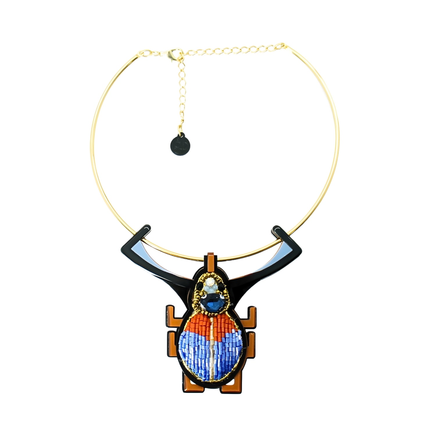 Gissa Bicalho Women's Brown / Blue Handmade Acrylic Necklace Scarab Embroidered Topaz In Multi