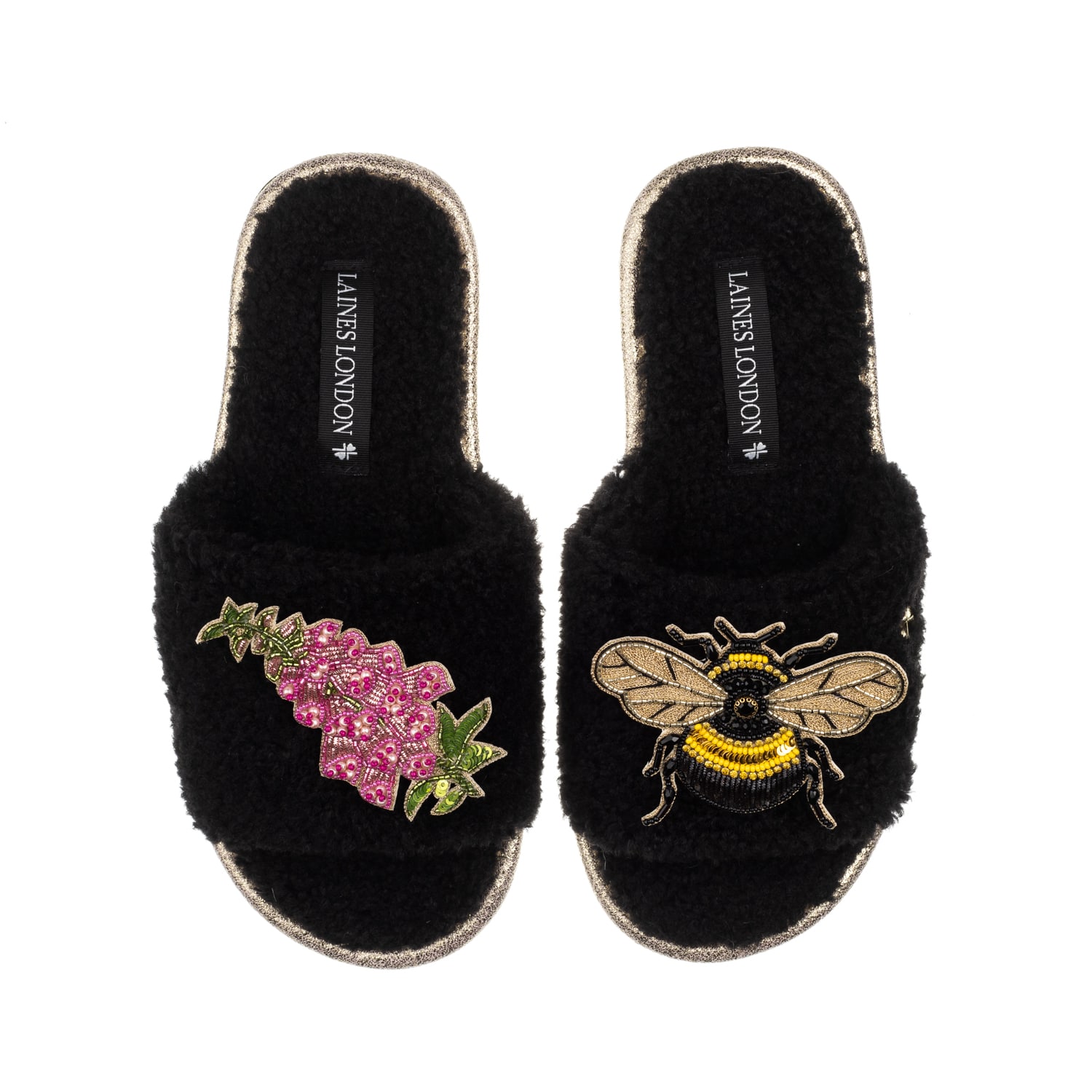 Laines London Women's Teddy Toweling Slipper Sliders With Honeybee & Pink Foxglove Flowers Brooches - Black In Black