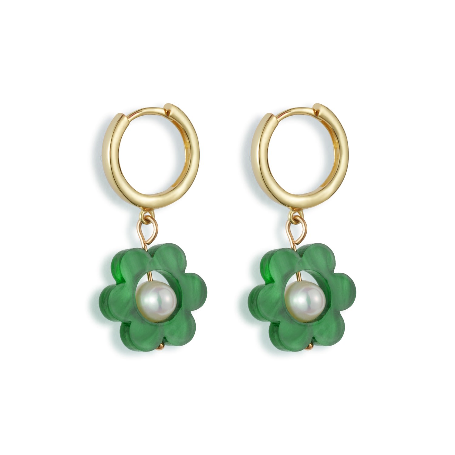 Toolally Women's Gold / Green Flower Pearl Huggie Earrings - Green In Burgundy