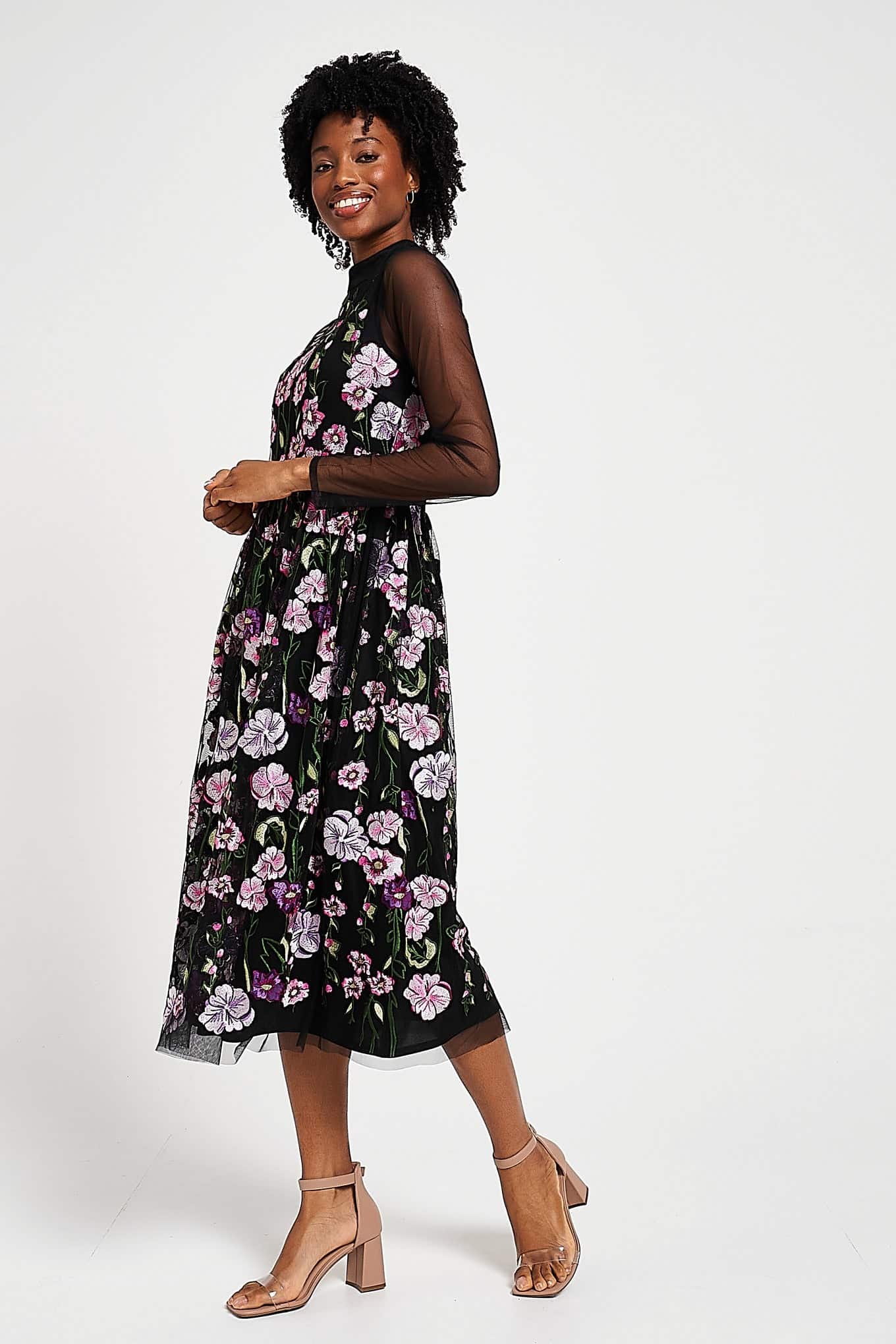green emerald velvet dress Elisa Embroidered Midi Dress  Black