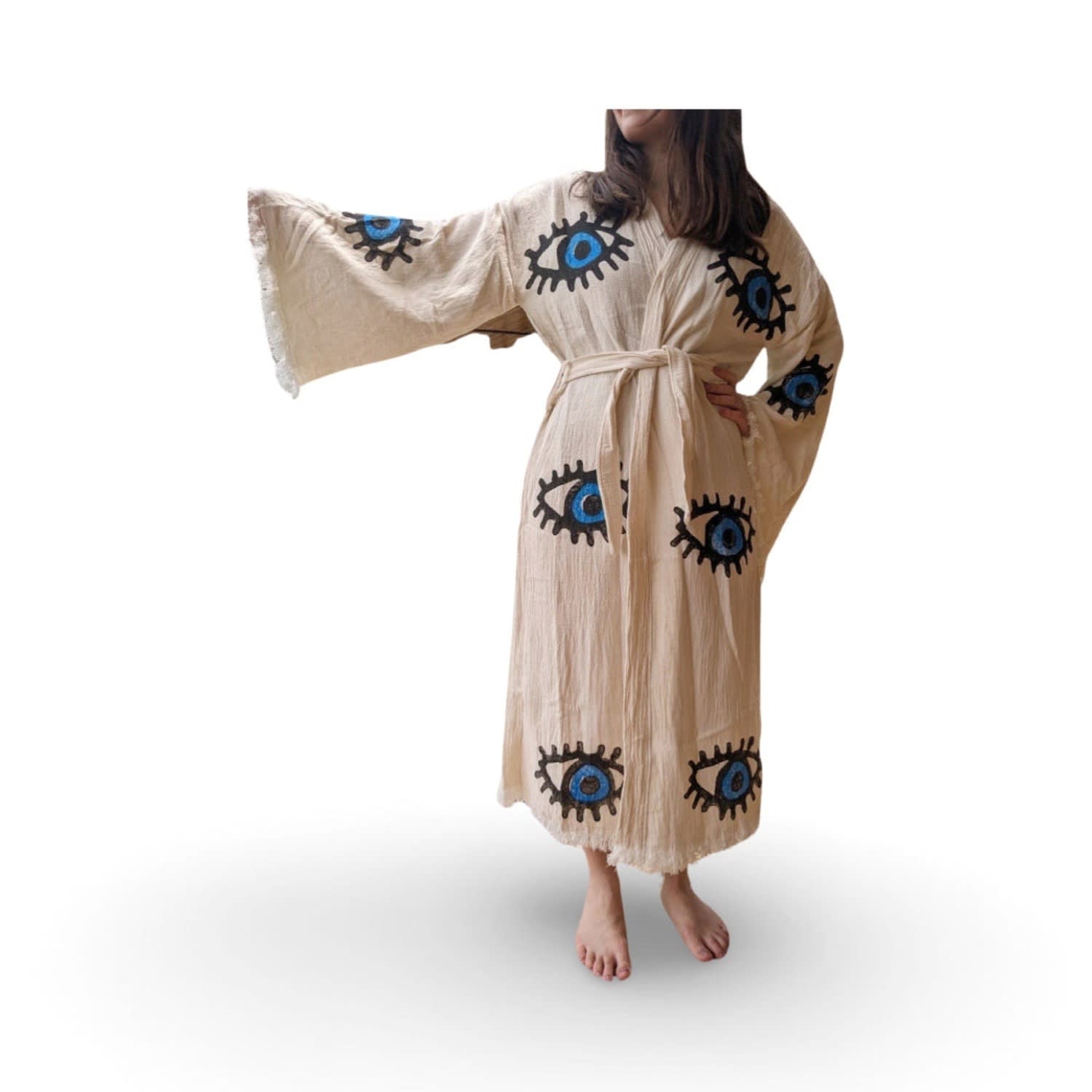 Women's Awali Hand-Stamped Off-White Cotton Kimono - Blue Evil Eye Print | One Size | Casa Duniya