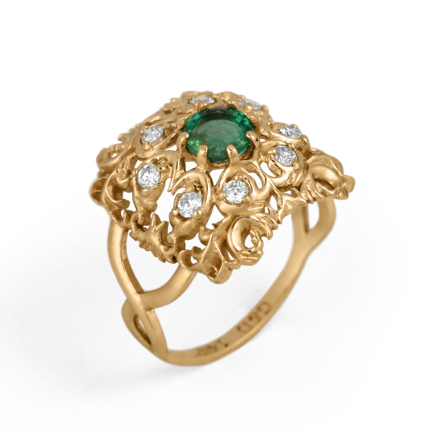 Women’s Gold / Green / White Cocktail Ornamental Emerald Ring With Diamonds In 14K Yellow Gold G & D Unique Designs