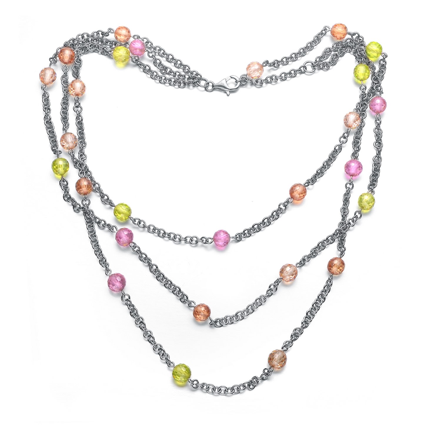 Genevive Jewelry Women's Cubic Zirconia Sterling Silver White Gold Plated Three Row Multi Color Ball Necklace In Silver