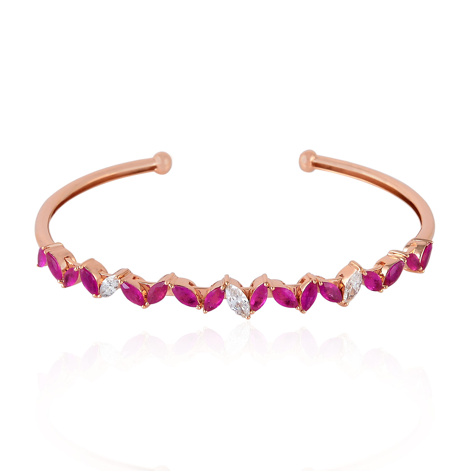 Women’s White / Pink / Purple 18K Solid Rose Gold In Marquise Shape Ruby & Diamond Handmade Cuff Bangle Artisan