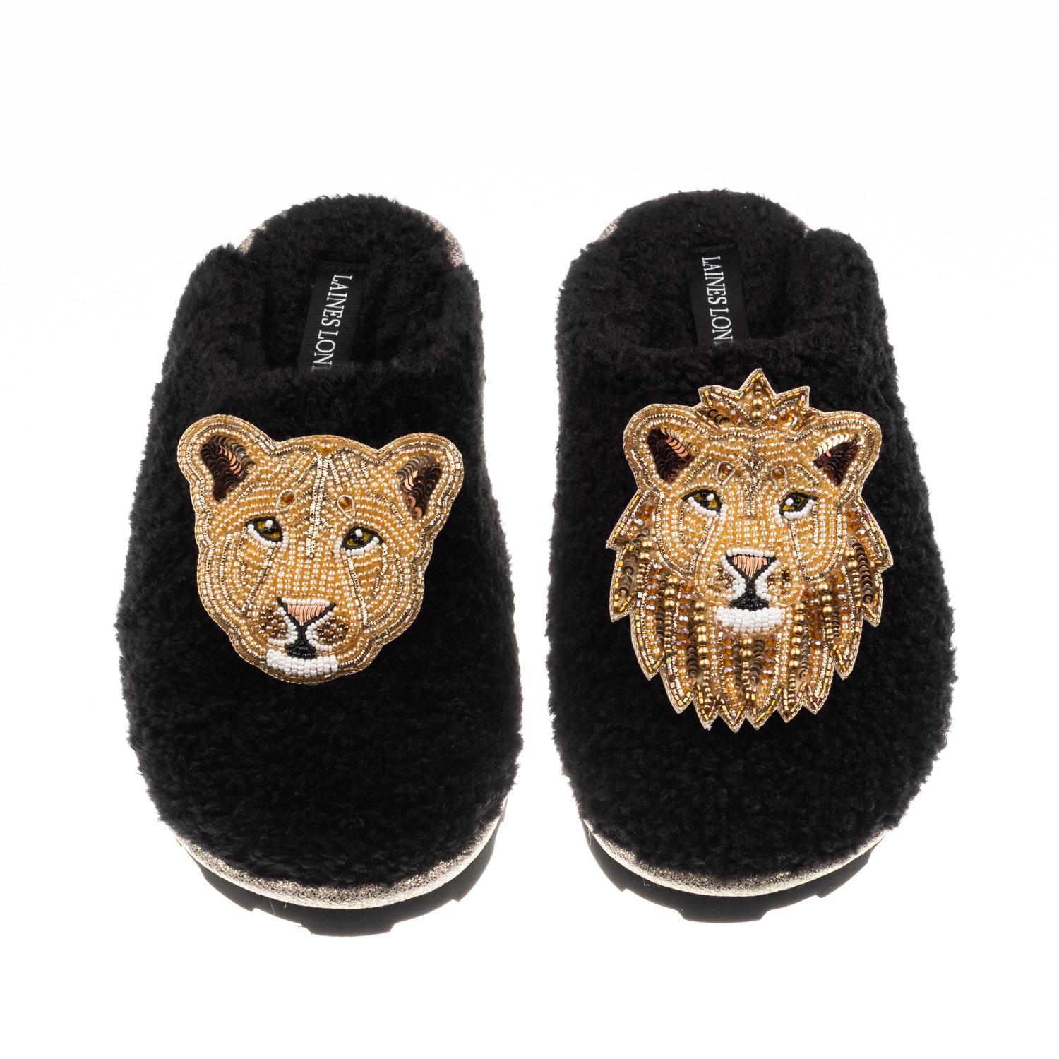 Laines London Women's Teddy Closed Toe Slippers With Lion & Lioness Brooches - Black In Black