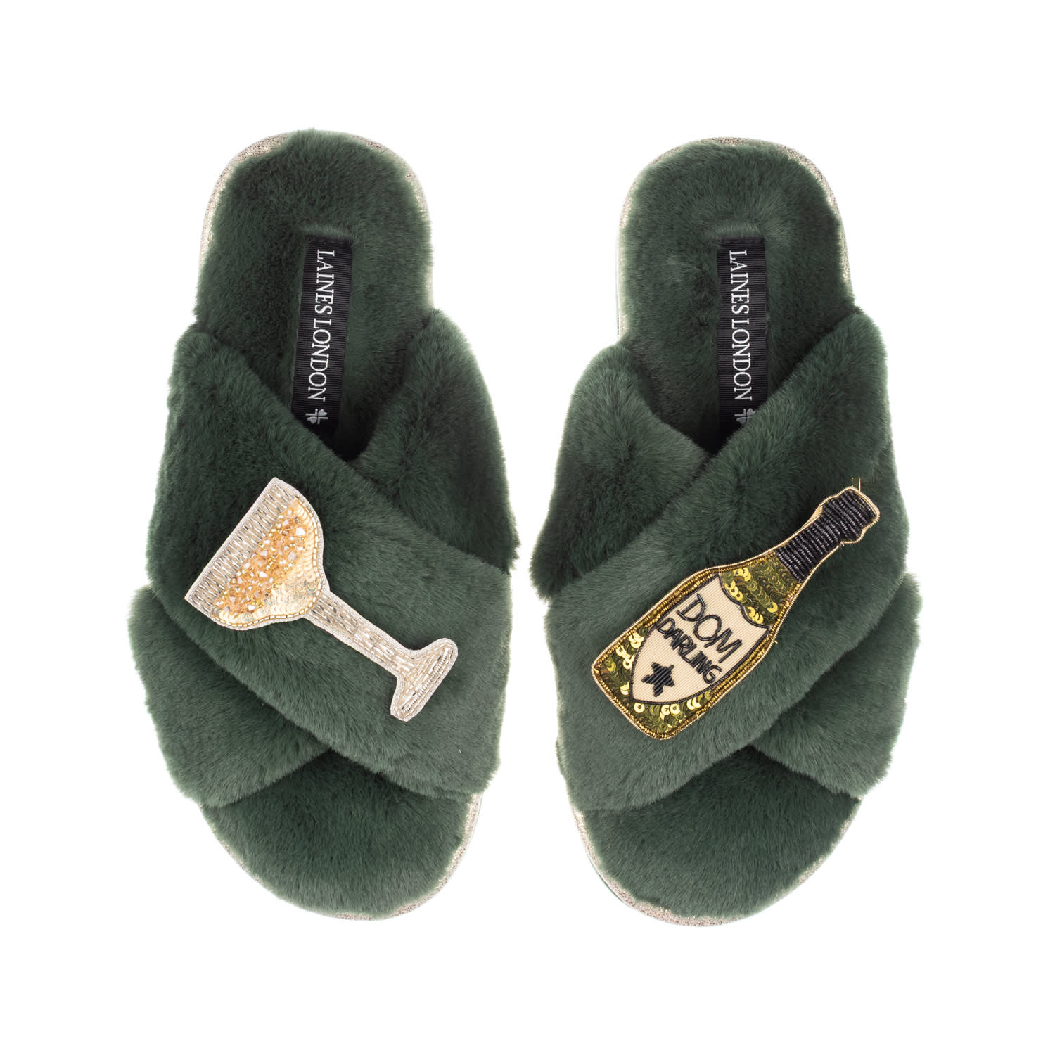 Laines London Women's Gold / Green Classic Laines Slippers With Dom Darling Champagne Brooches - Limited Edition G In Green