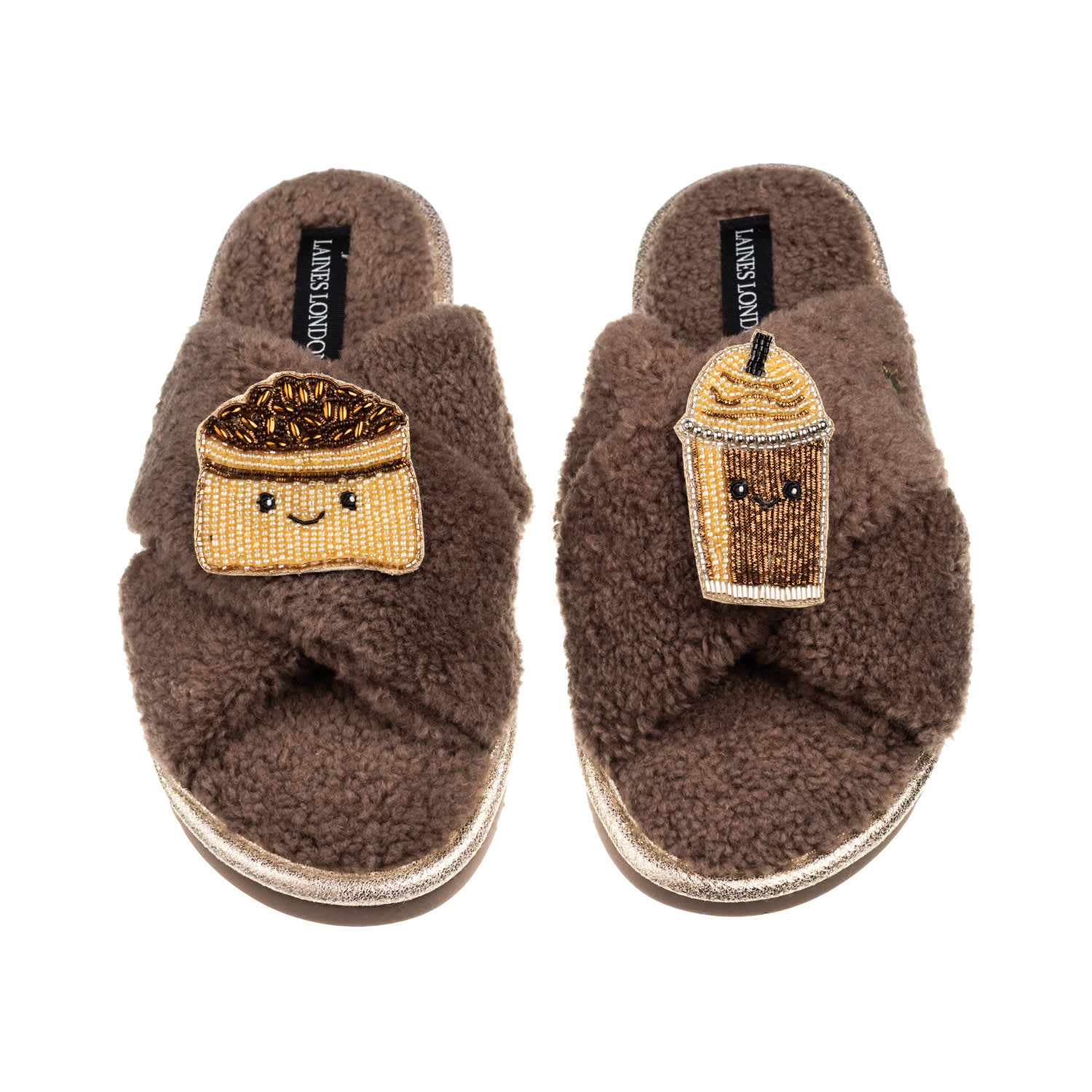 Laines London Women's Brown / Neutrals Laines Boucle Slippers With Laines Loveables Coffee Beans & Frappe Brooches